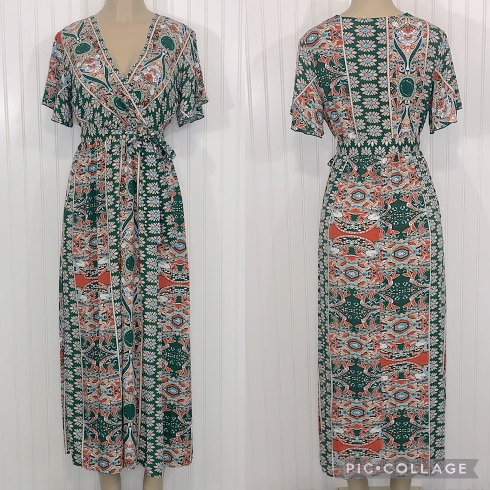 Boho Maxi Dress Faux Wrap Side Slits V Neck Short Flutter Sleeves Like New Small